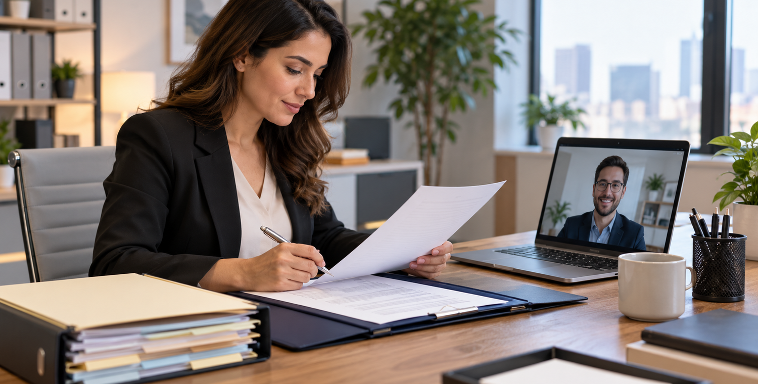 Human resources coordinator preparing employee documents for a remote session